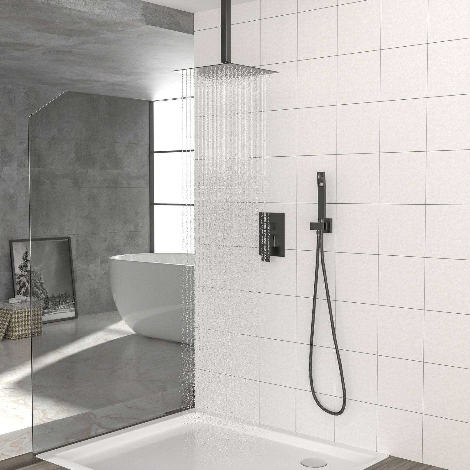Modern Dual Shower Head System With 16&quot; Ceiling Mount Finish, Stainless Steel And Brass