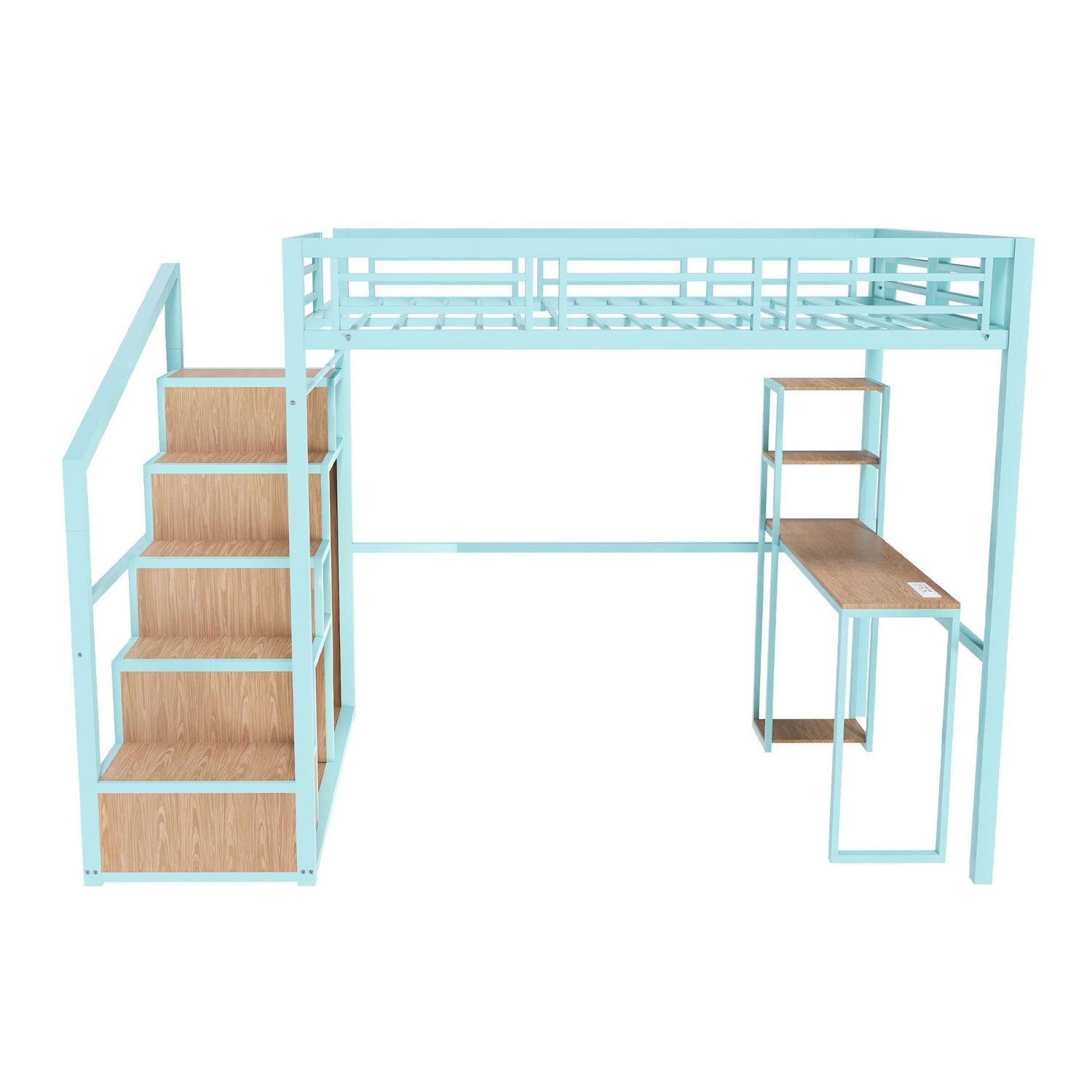 Heavy Metal Frame Full Loft Bed With Desk &amp; Storage, 4 Cabinets, Staircase, Rack Space Saver - Green