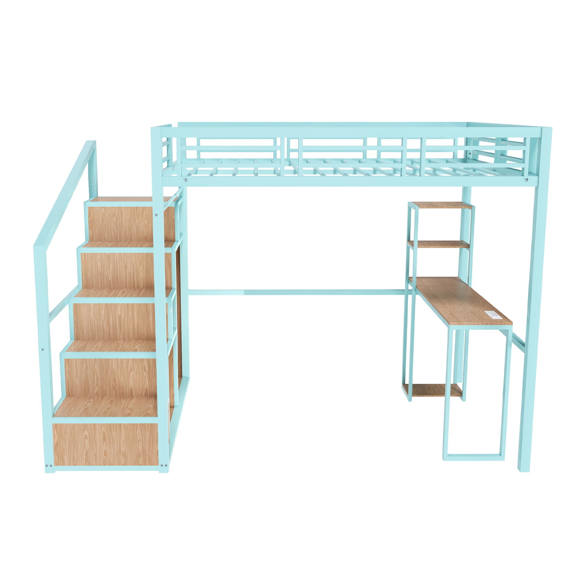 Heavy Metal Frame Full Loft Bed With Desk &amp; Storage, 4 Cabinets, Staircase, Rack Space Saver - Green