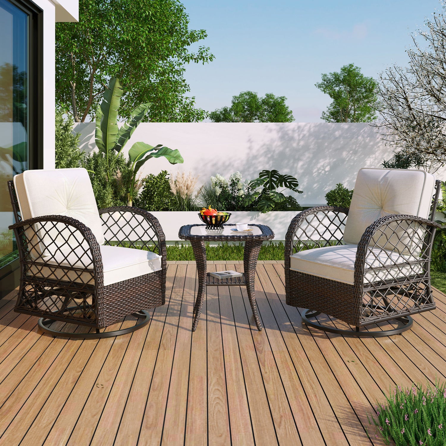 3 Piece Outdoor Chair &amp; Table Set Chat Set, 2 Person Rattan Seating Group