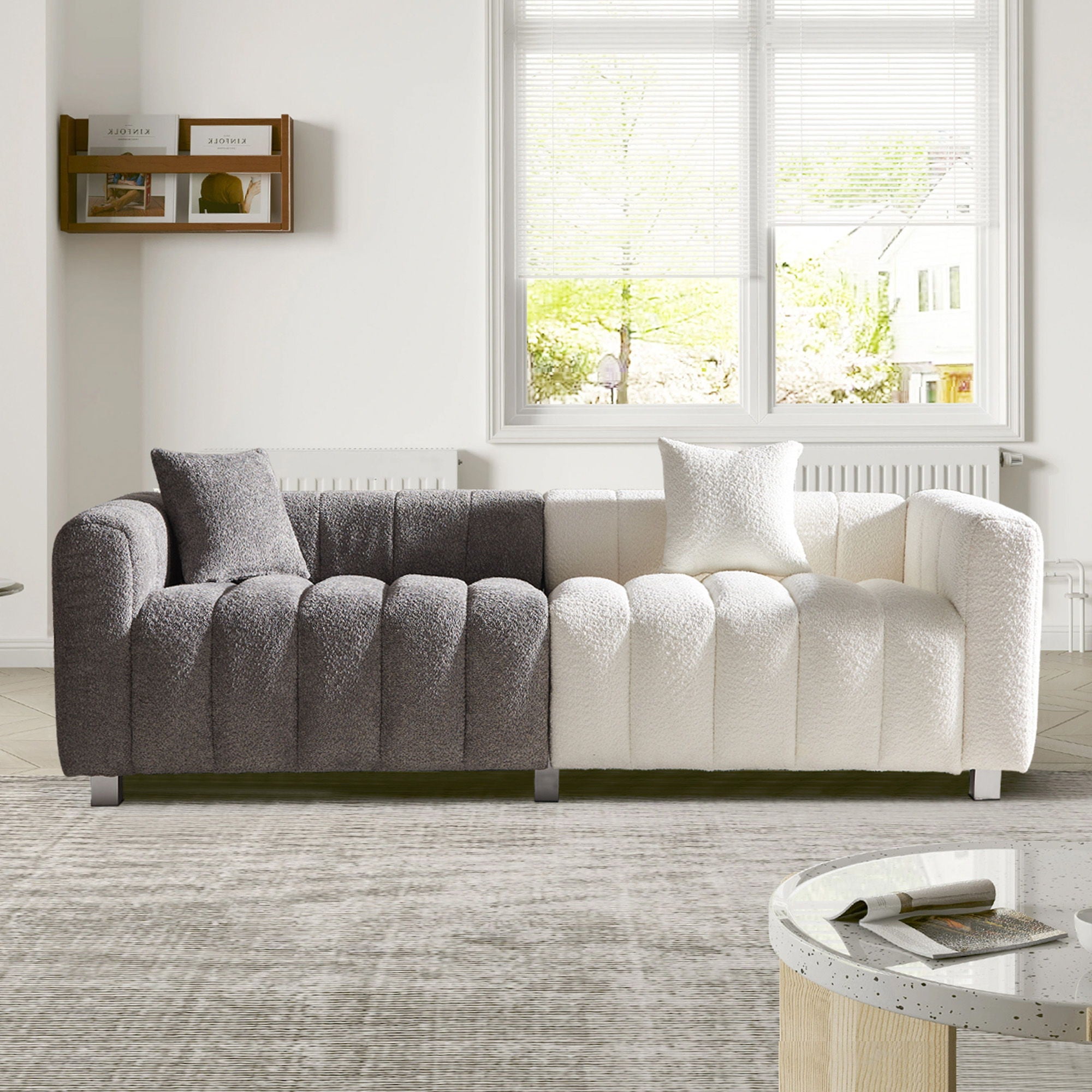 3 Seater Sofa With Metal Base Legs And 2 Pillows In +, 87.4&quot; Premium Couch For Living Room - White / Gray