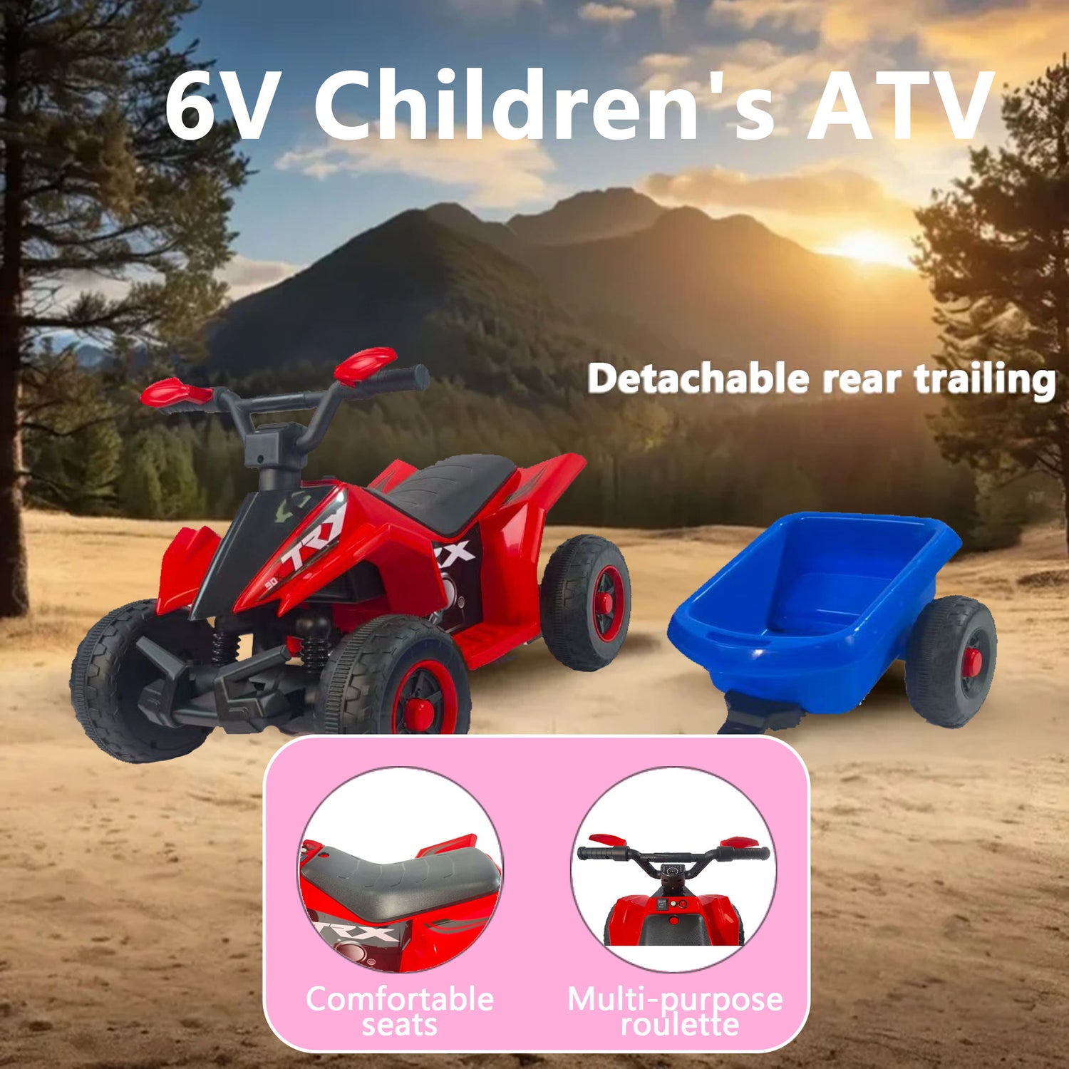 6V Kids Electric ATV With Headlights, Mp3, USB &amp; Volume Control, 4 Wheel Ride-On Vehicle - Red