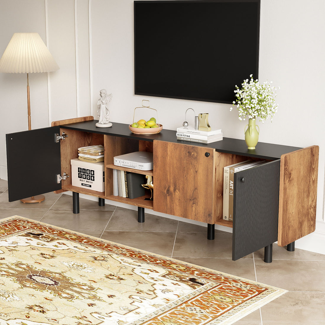Mid Century TV Stand With 3 Cabinets, Media Console Table For Tvs Up To 70&