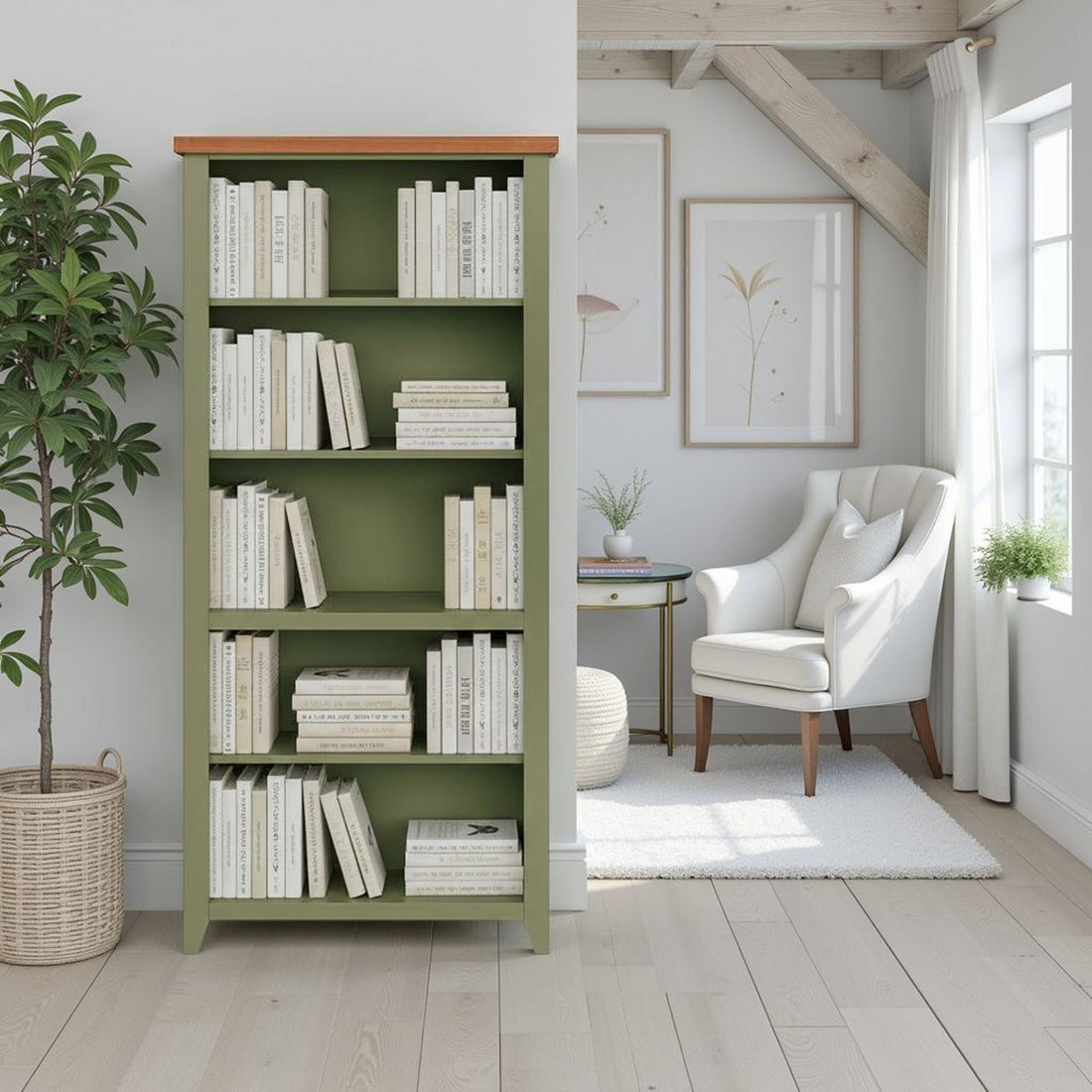 72" High 5 Shelf Bookcase - Sage Green And Fruitwood