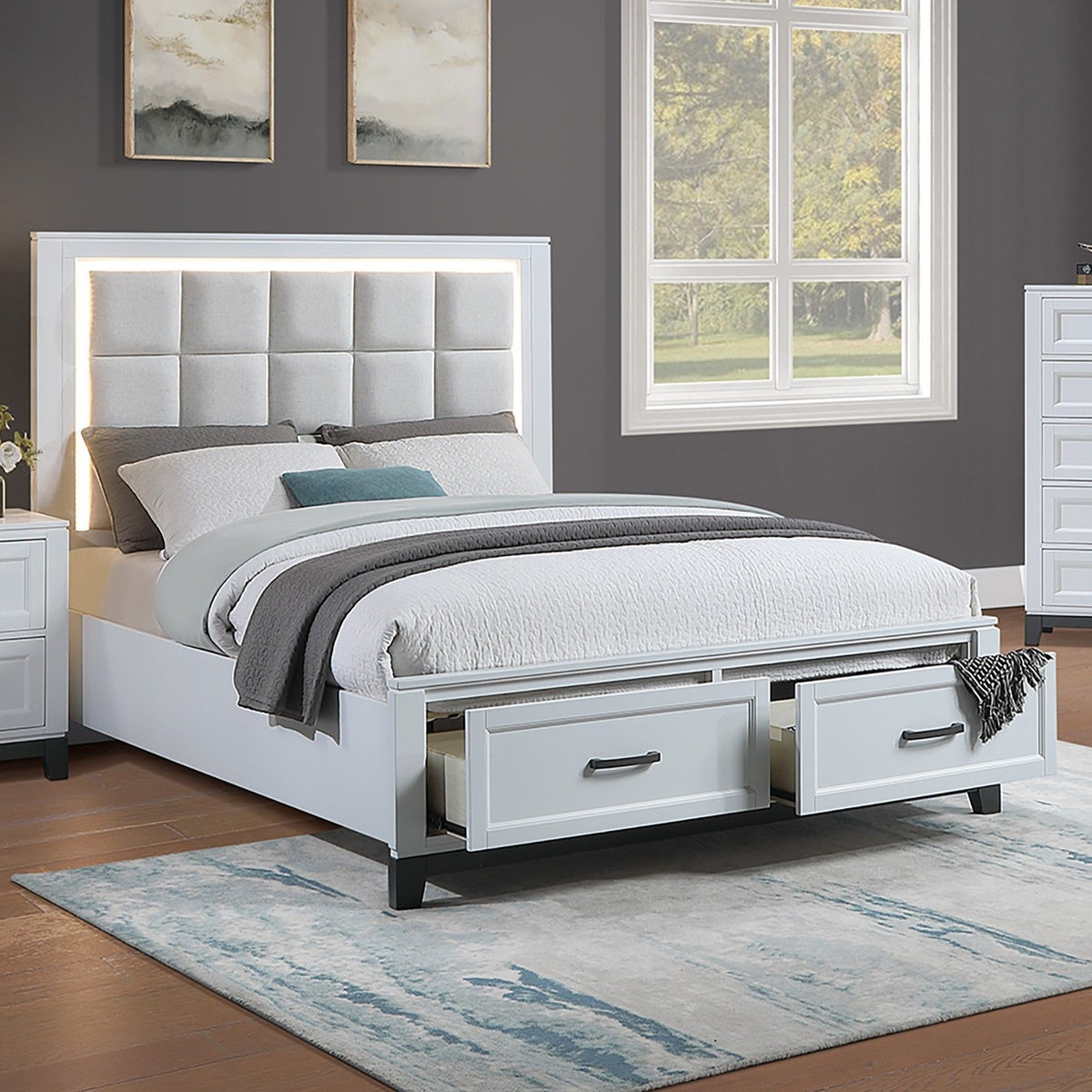 Upholstered Headboard Platform Bed With LED Lighting And Underbed Drawers