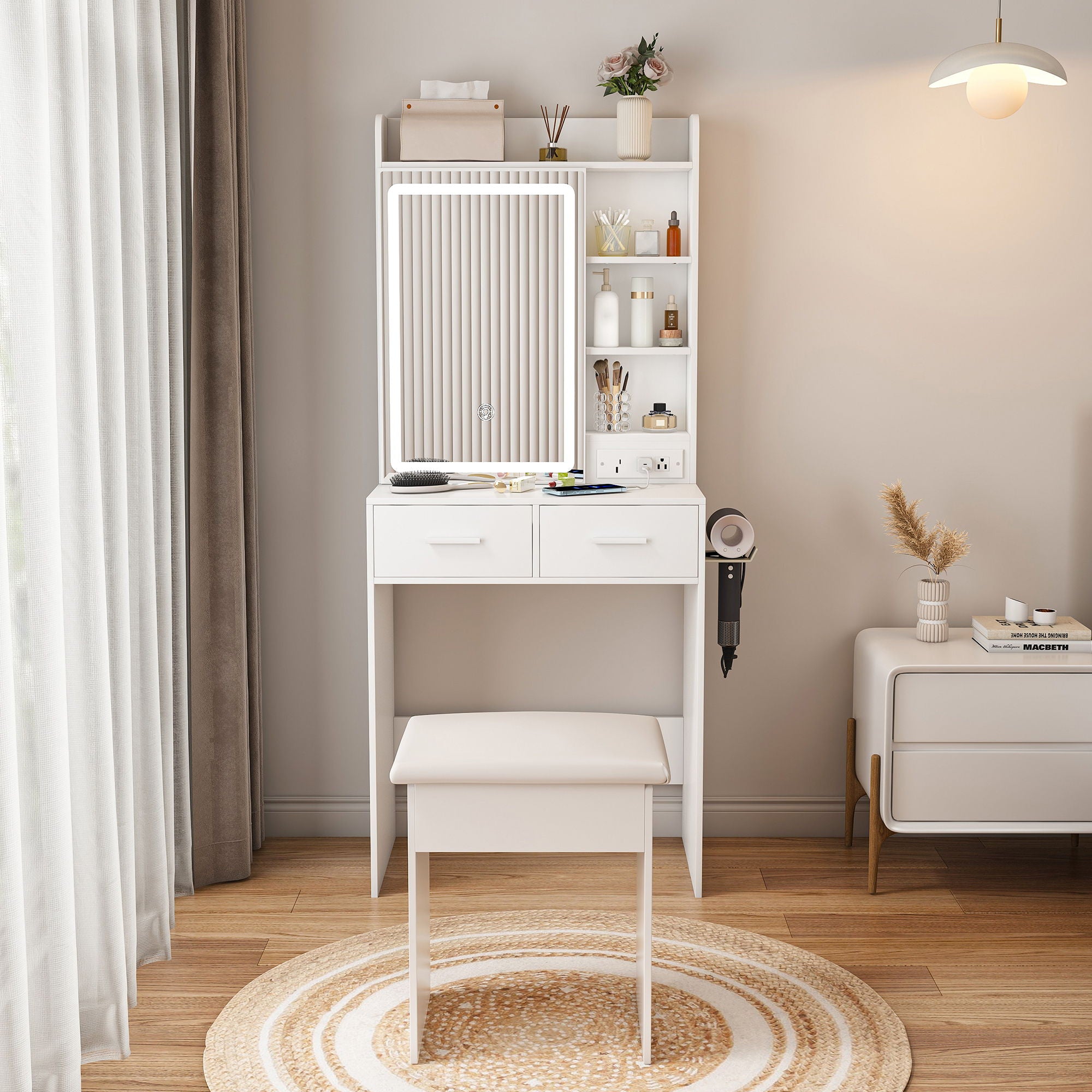 Space Saving Makeup Vanity Desk With Mirror &amp; Adjustable Led Lights, Built-In Power Outlet, Hidden Storage, Includes Stool &amp; Shelf - White