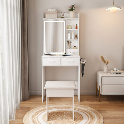 Space Saving Makeup Vanity Desk With Mirror &amp; Adjustable Led Lights, Built-In Power Outlet, Hidden Storage, Includes Stool &amp; Shelf - White