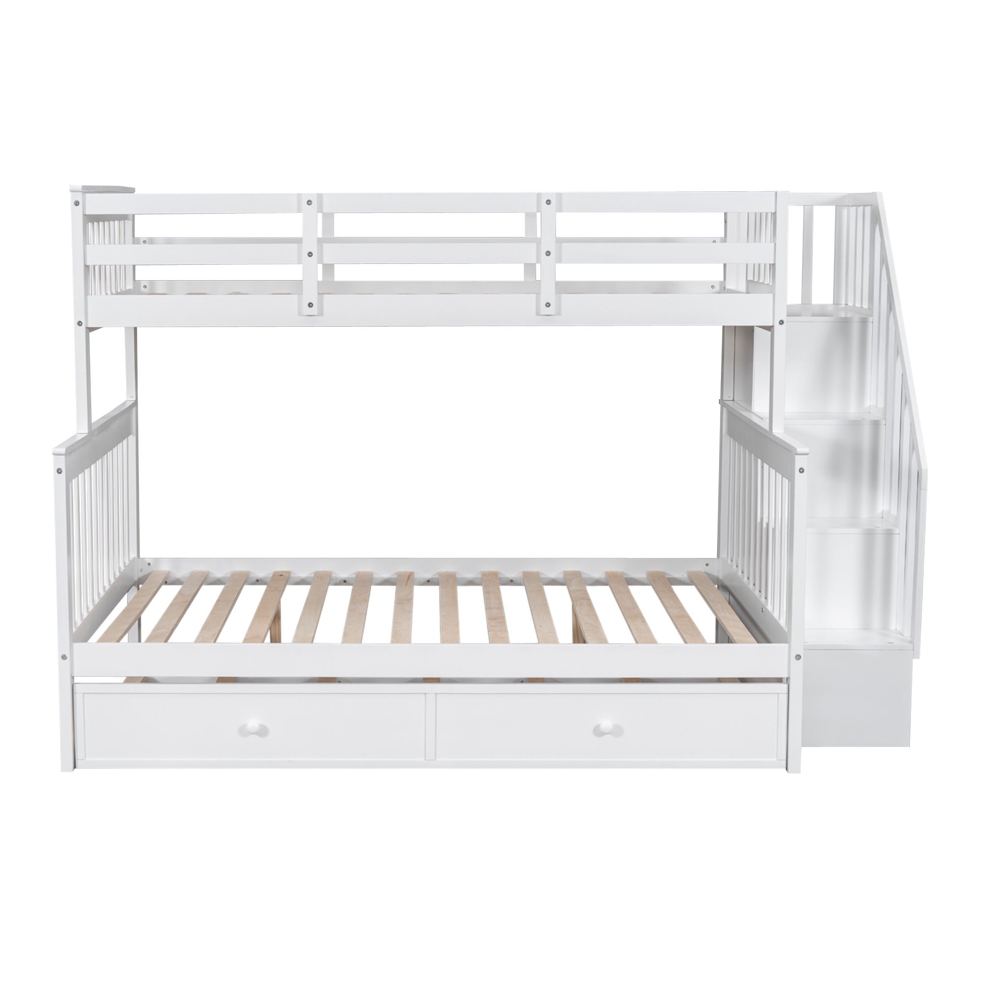 Bunk Bed With Twin Size Trundle, Storage And Guard Rail For Bedroom
