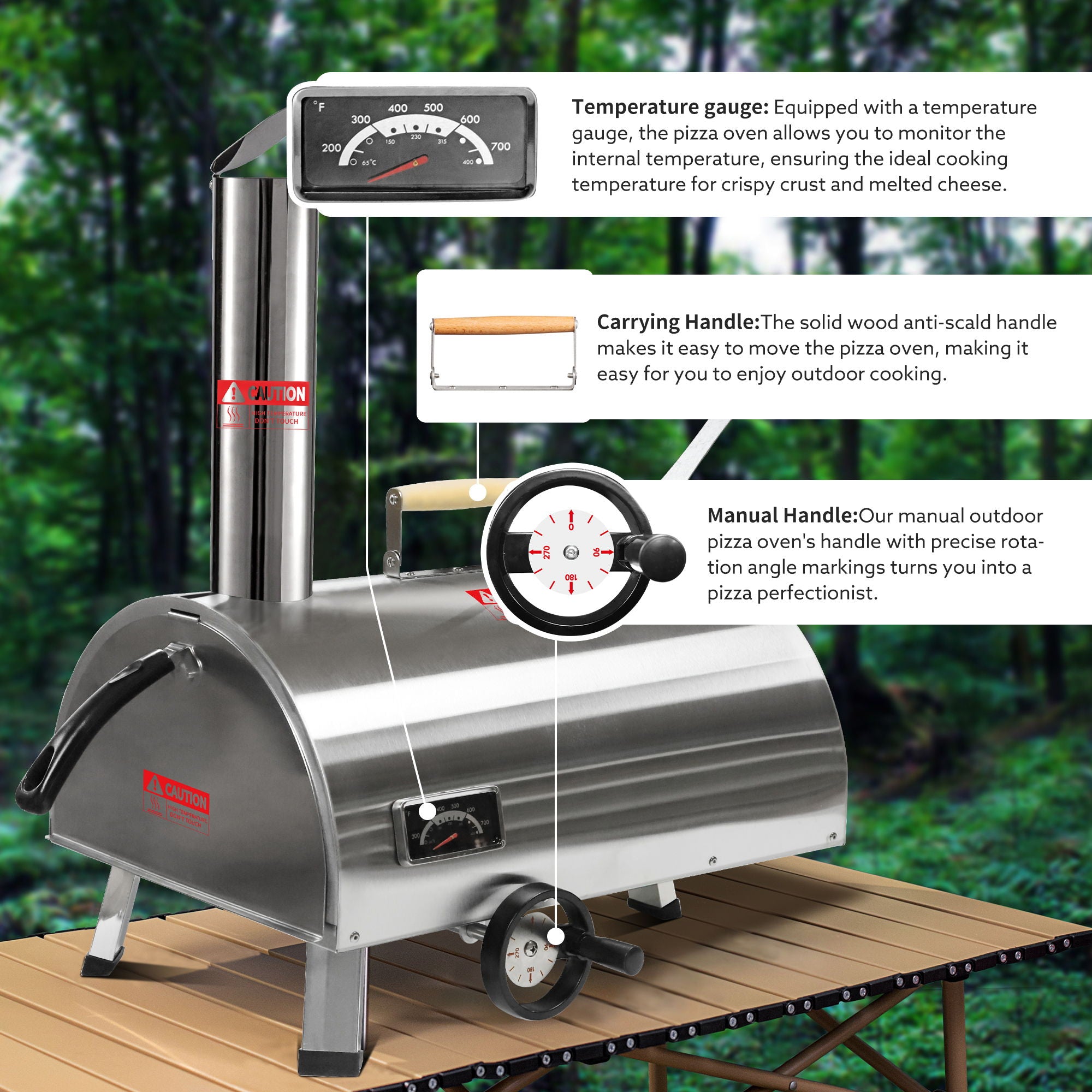 Silver Pizza Oven Outdoor 12&quot; Semi-Automatic Rotatable Pizza Ovens Portable Stainless Steel Wood Fired Pizza Oven Pizza Maker With Built-In Thermometer Pizza Cutter Carry Bag - Silver