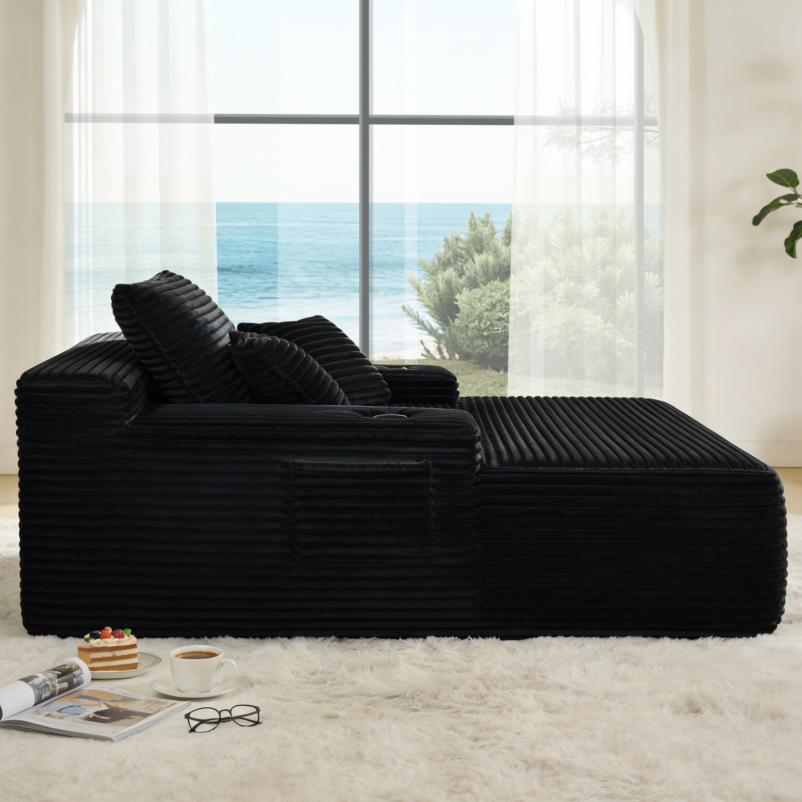 Convertible Chaise Lounge Chair &amp; Wide Armrest &amp; Throw Pillows - Black