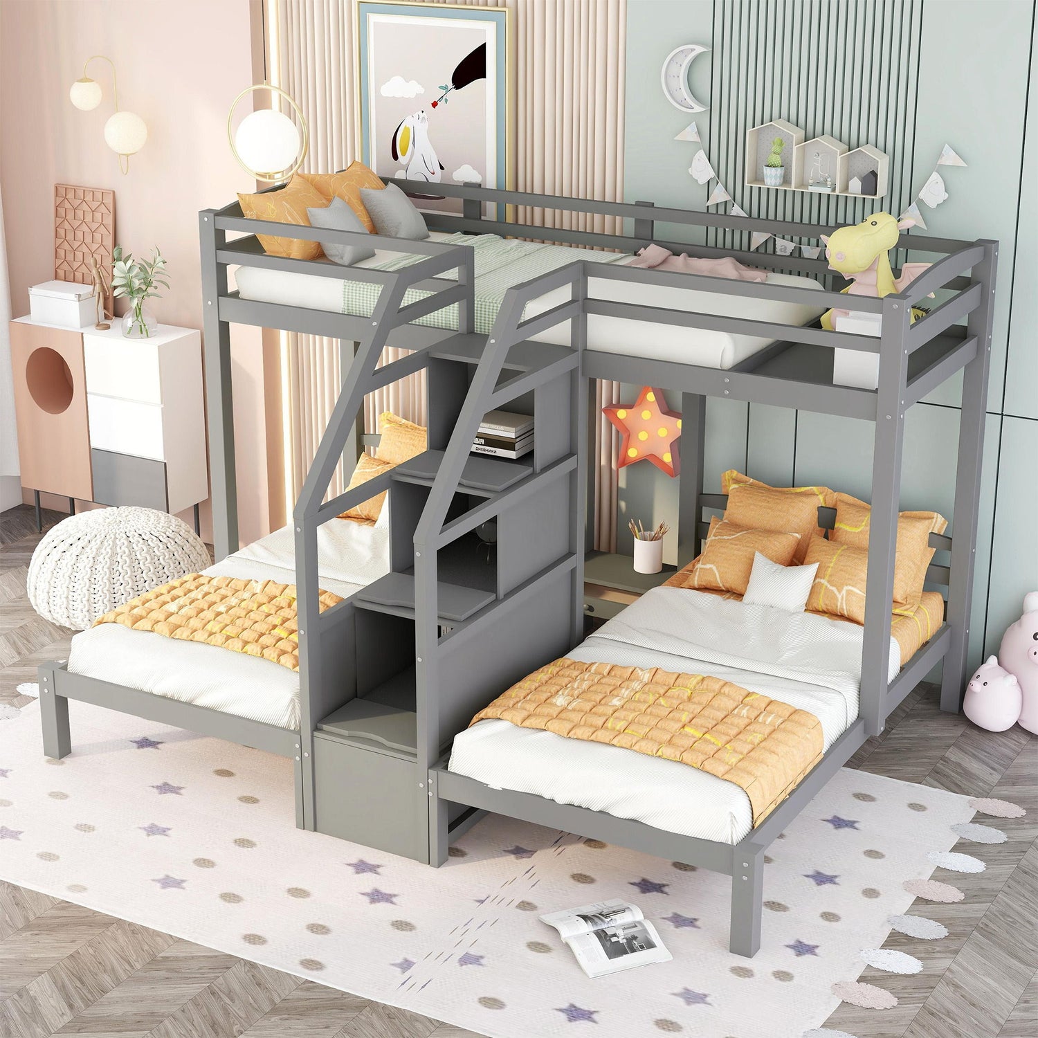 Twin Over Twin &amp; Twin Bunk Bed With Built In Staircase And Storage Drawer - Gray
