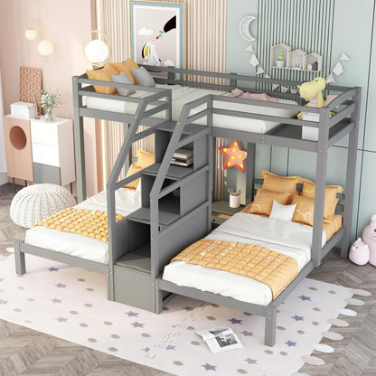 Twin Over Twin &amp; Twin Bunk Bed With Built In Staircase And Storage Drawer - Gray