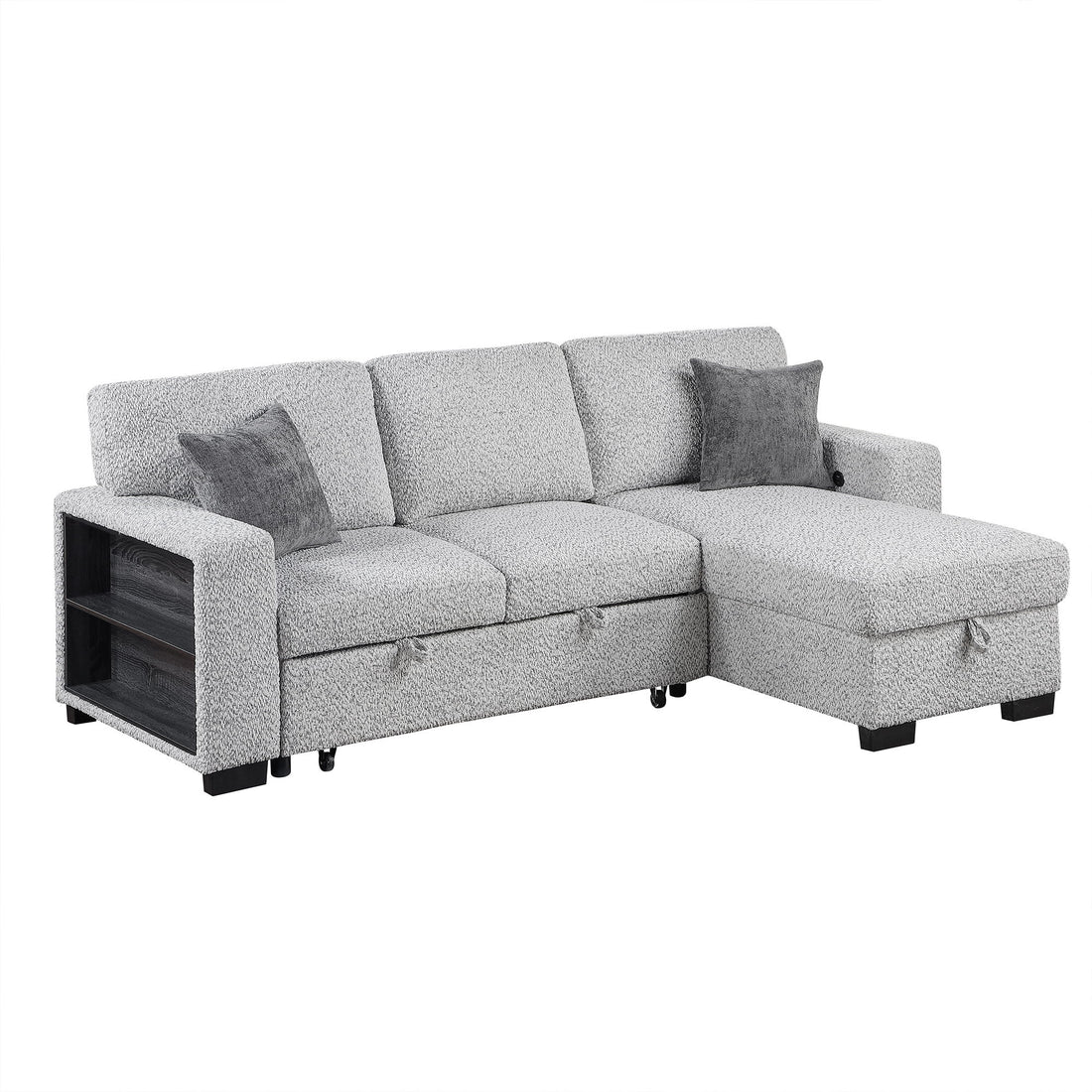 Buzz - Reversible Sleeper Sectional Sofa With Storage Chaise, Console Arm, USB Charging &amp; Cup Holders - Gray
