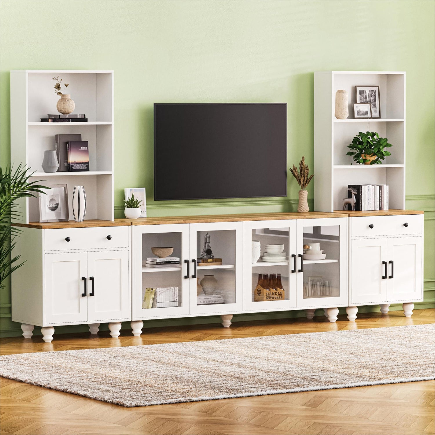 Farmhouse TV Stand With Solid Wood Gourd Shaped Legs For TVs Up To 70&quot;