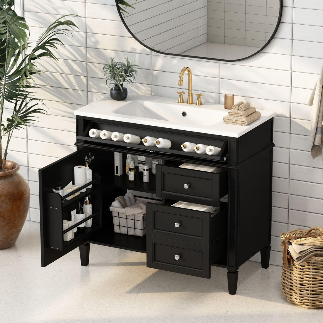 Bathroom Vanity &amp; Top Sink, Modern Bathroom Storage Cabinet With 2 Drawers And A Tip-Out Drawer