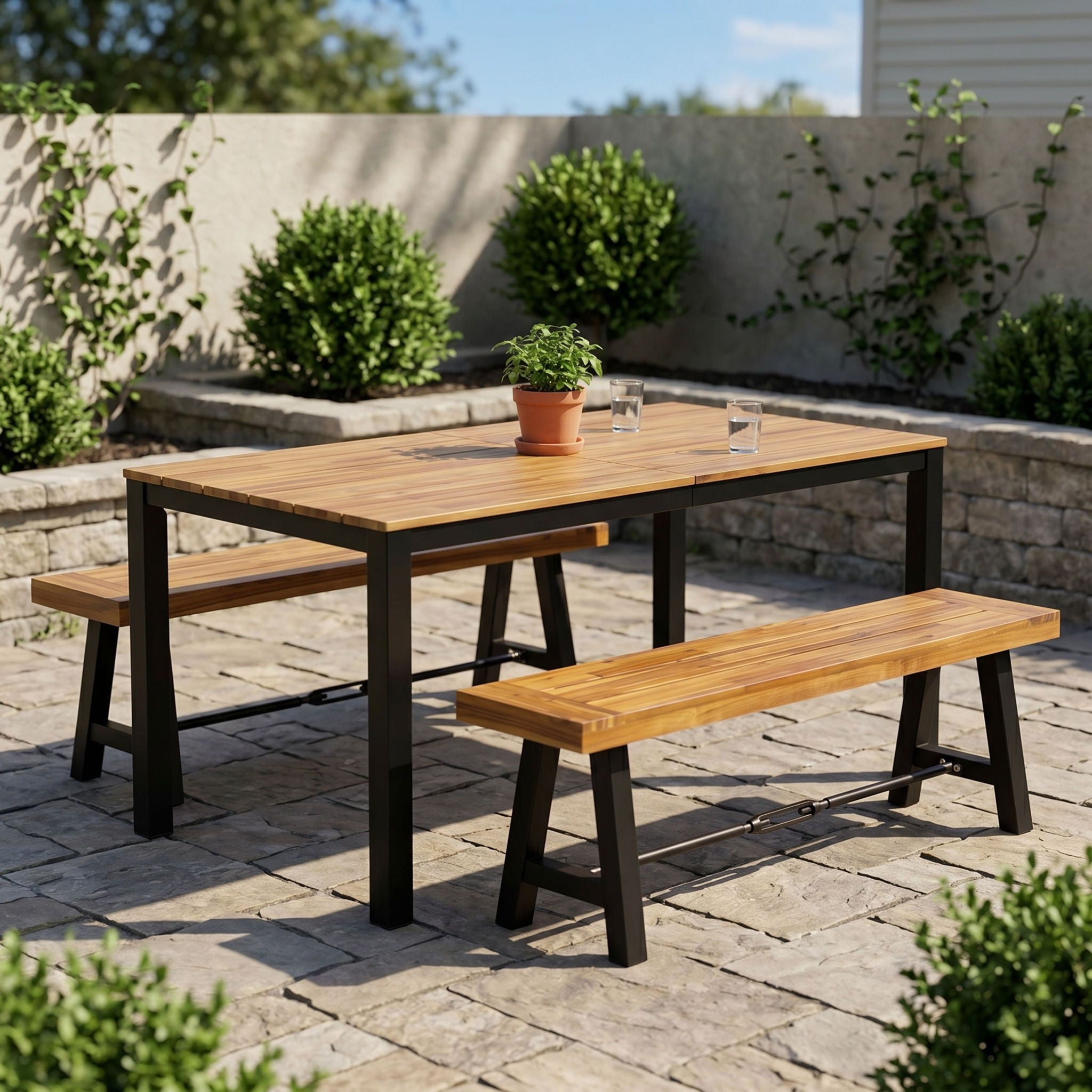 3 Piece Outdoor Dining Set, Rectangular Patio Table &amp; 2 Benches - Black / Teak