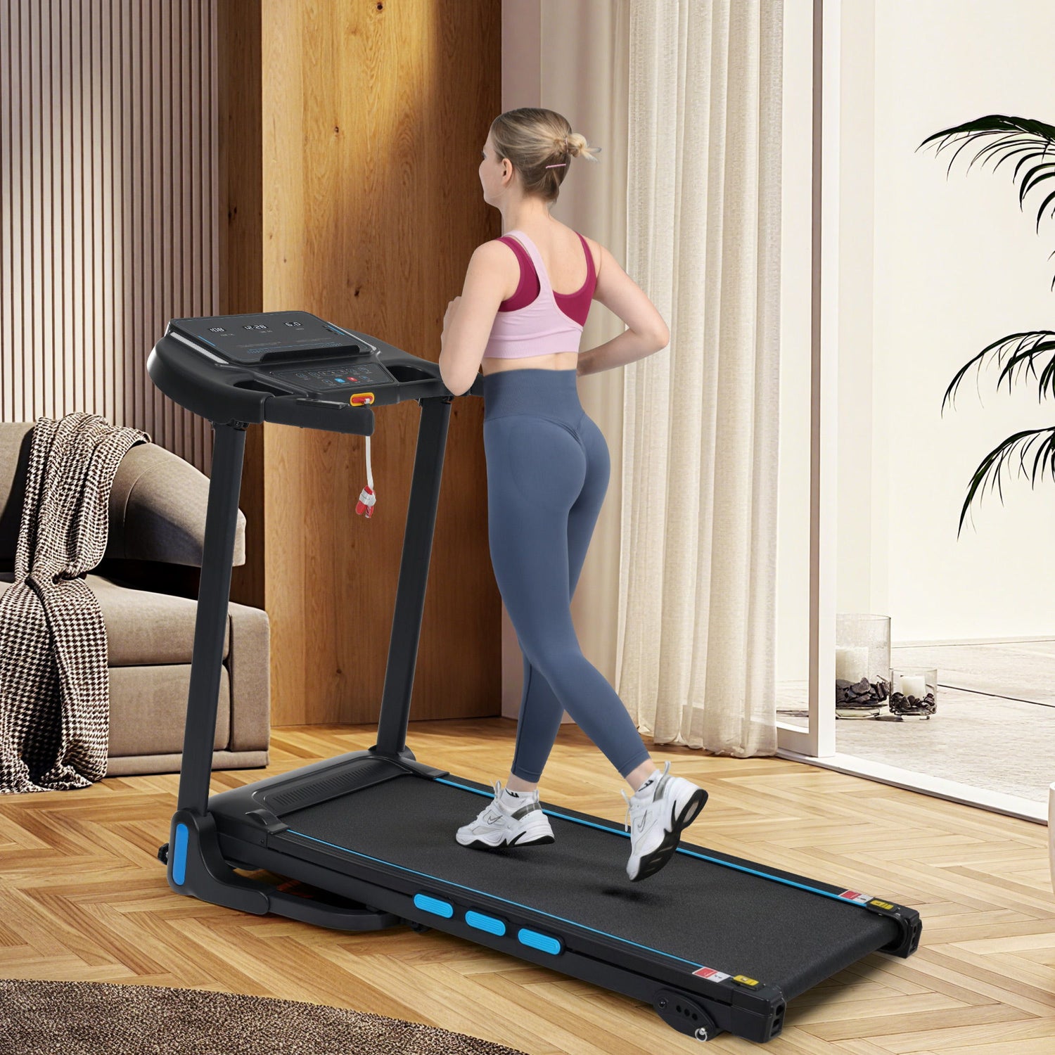 3.5Hp Hydraulic System Auto Foldable Treadmill With Incline, Heart Rate Sensors, Type C &amp; USB Charge, Bluetooth Speaker - Black
