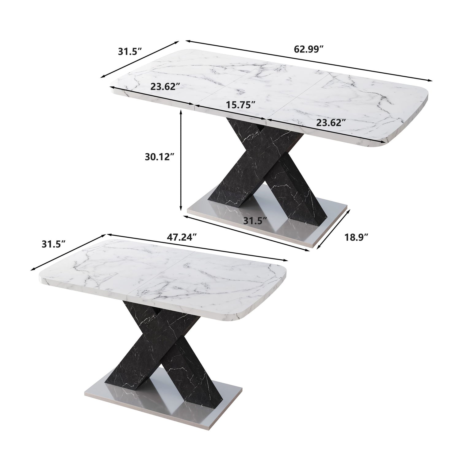 Rectangle Dining Table With Stretchable Top, X Shape Mdf Legs With Steel Base - White / Black