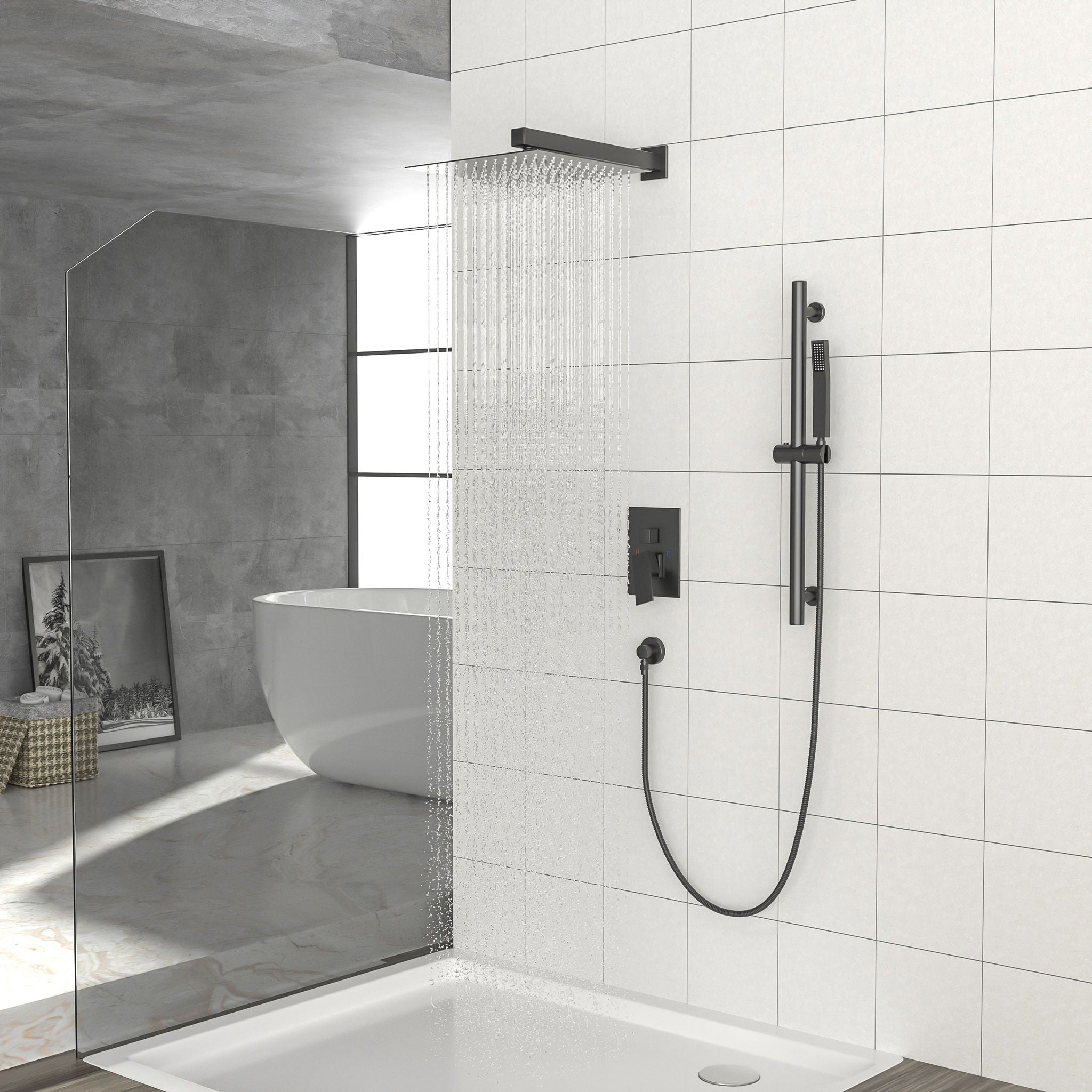 Modern Shower System With Adjustable Slide Bar, Stainless Steel And Brass Construction