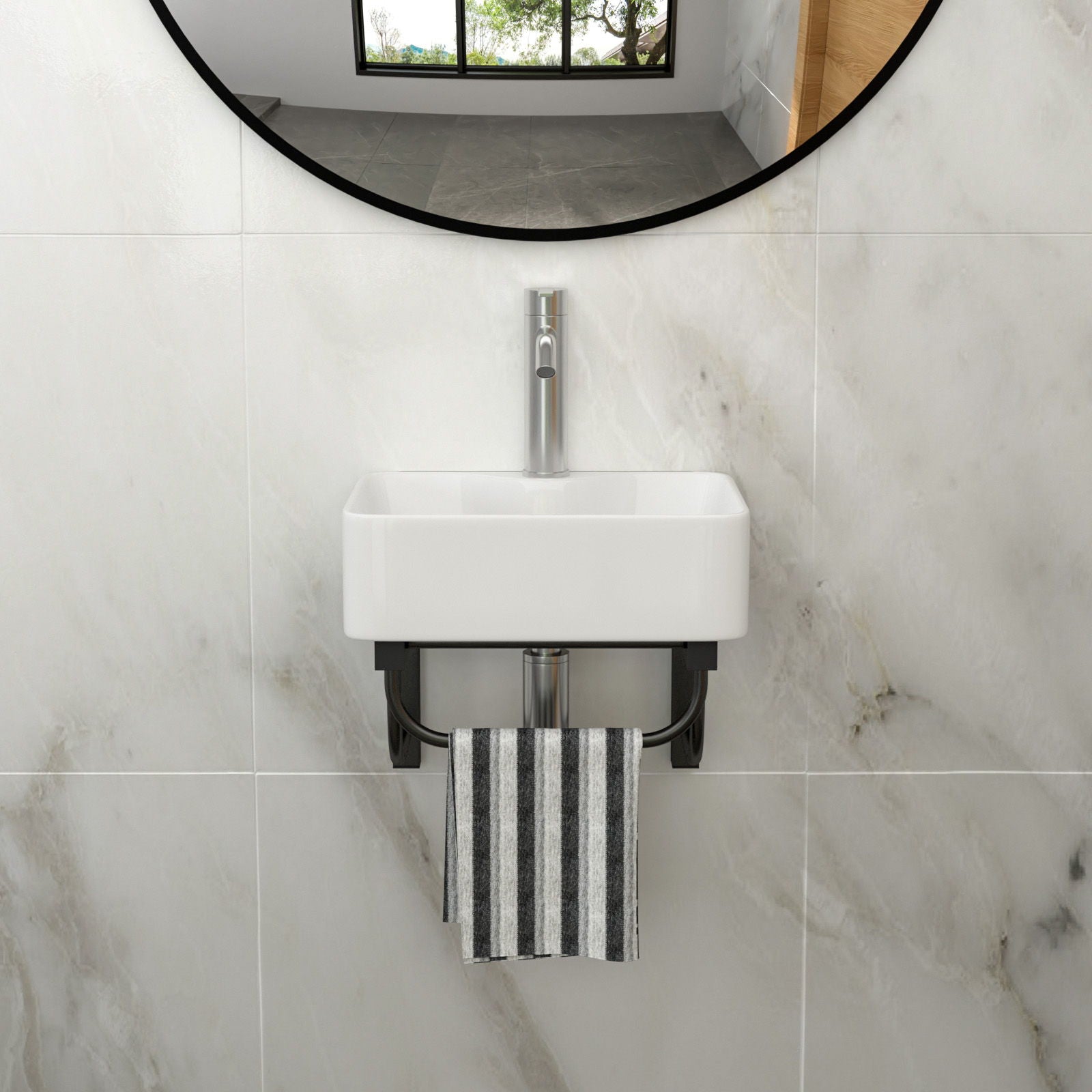 Rectangular Bathroom Sink With Towel Bar &amp; Faucet Hole, Wall Mounted - White