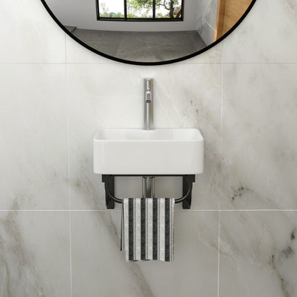 Rectangular Bathroom Sink With Towel Bar &amp; Faucet Hole, Wall Mounted - White