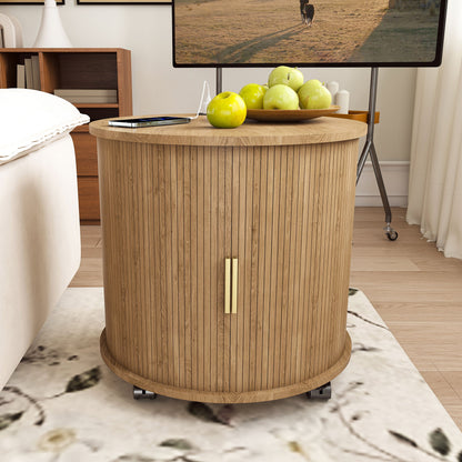 Cylinder Nightstand With Charging Station &amp; Sliding Door