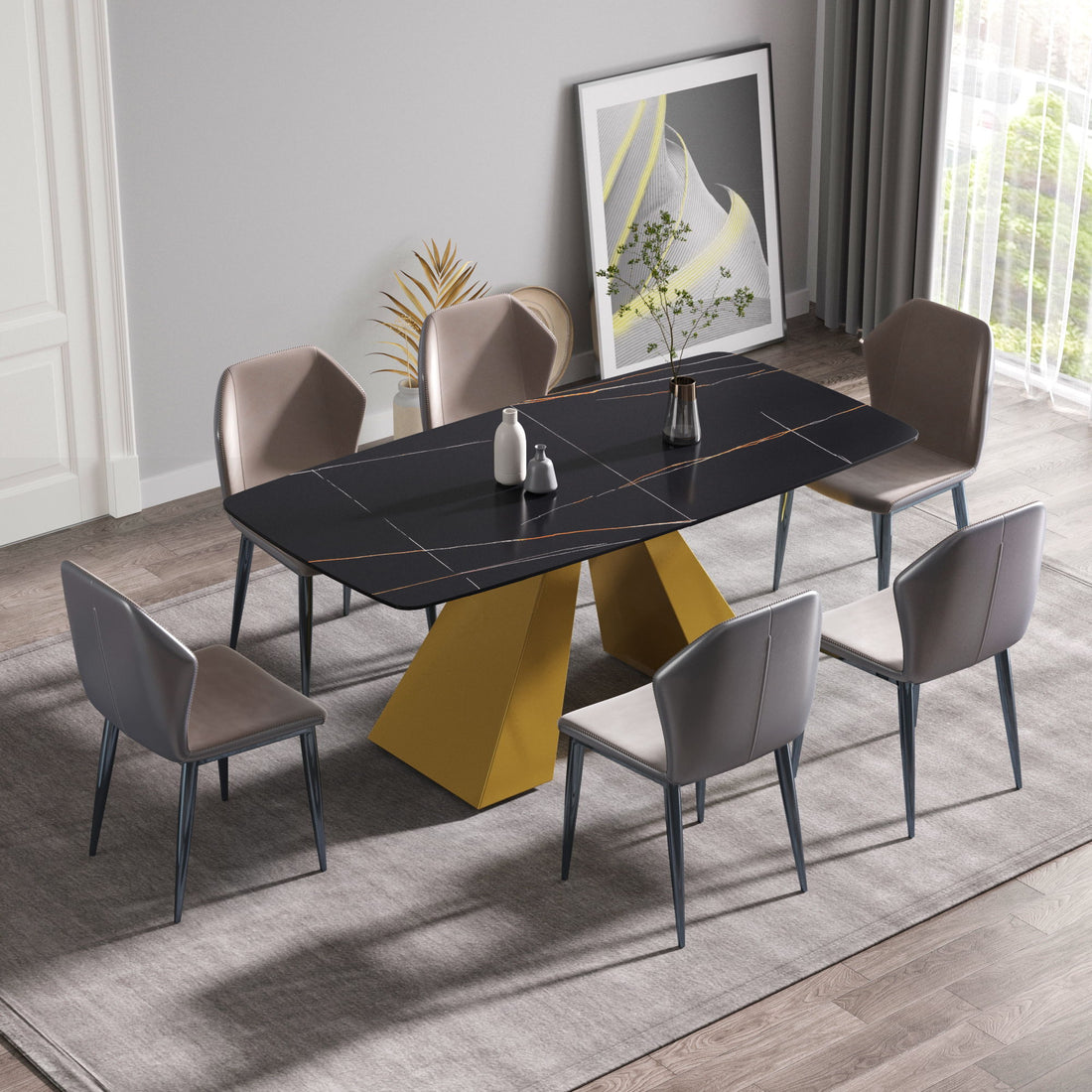 70.87&quot; Modern Artificial Stone Curved Metal Leg Dining Table, Can Accommodate 6-8 People - Black / Gold