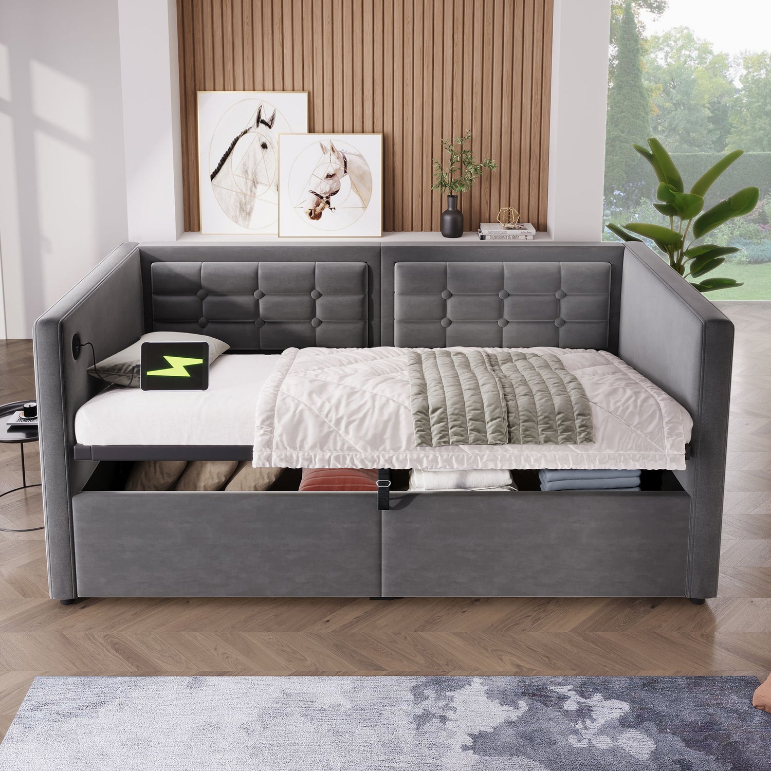 Upholstered Hydraulic Storage Daybed With USB &amp; Type C Charging