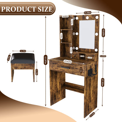 Vanity Table With Mirror, Adjustable LED Lights, Power Outlet, Hairdryer Holder &amp; Stool