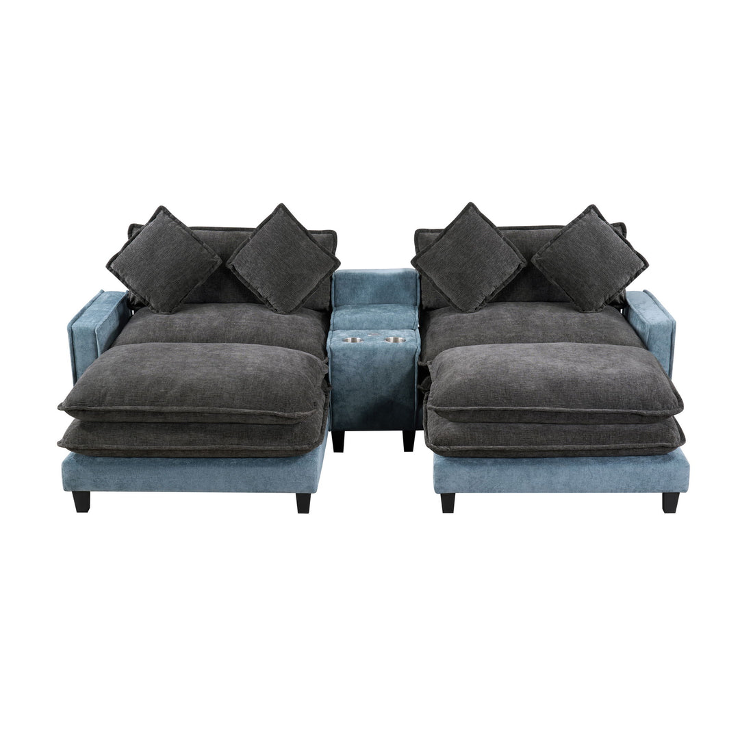 Sectional Sofa With Removable Ottomans, USB Ports, Cup Holders &amp; Storage - Gray / Light Blue