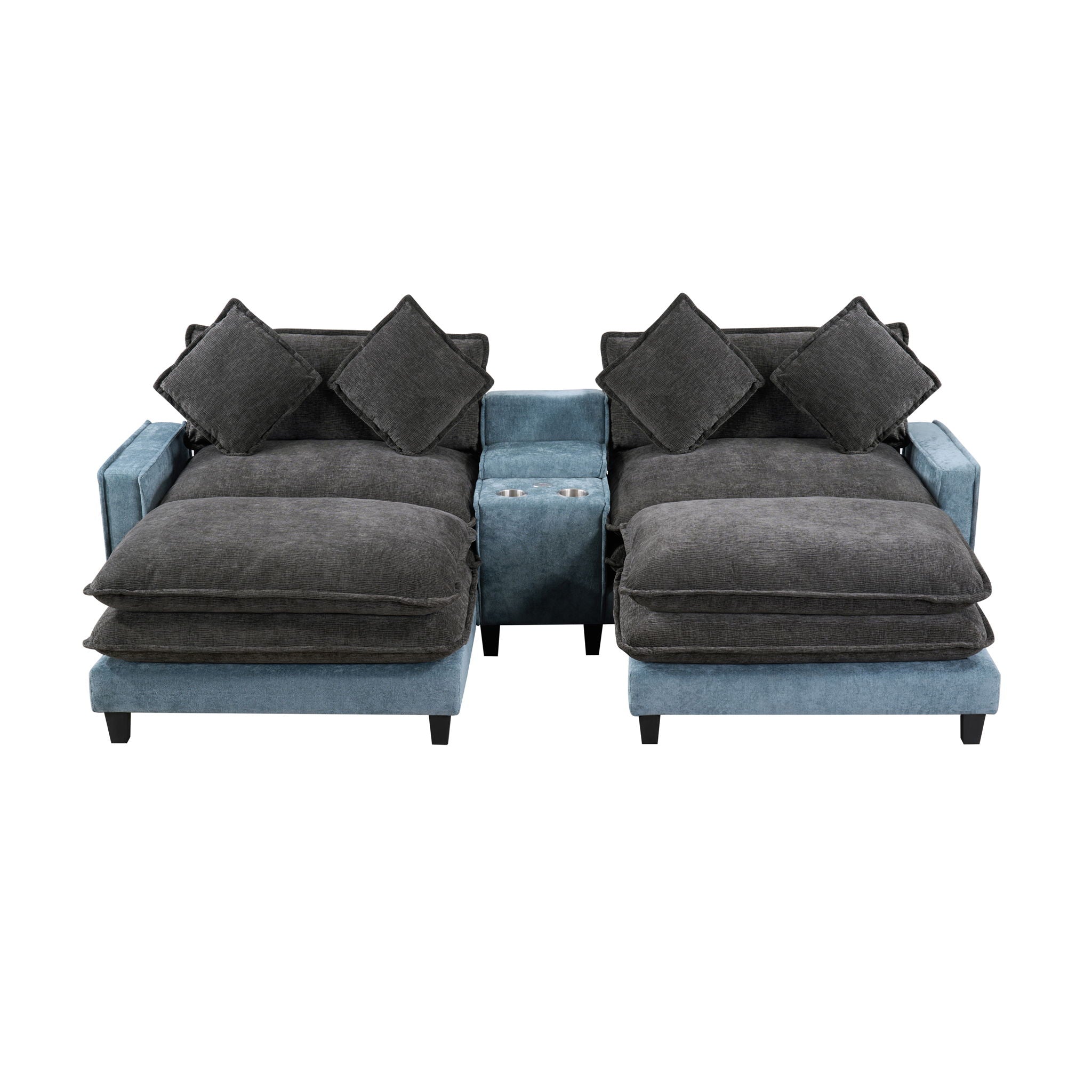 Sectional Sofa With Removable Ottomans, USB Ports, Cup Holders &amp; Storage - Gray / Light Blue
