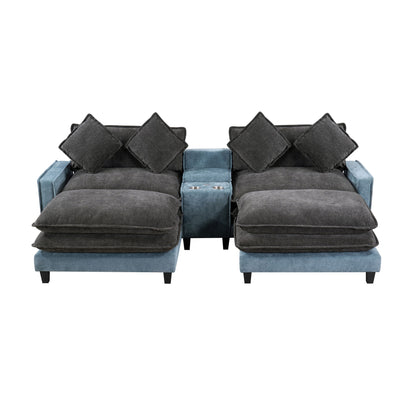 Sectional Sofa With Removable Ottomans, USB Ports, Cup Holders &amp; Storage - Gray / Light Blue