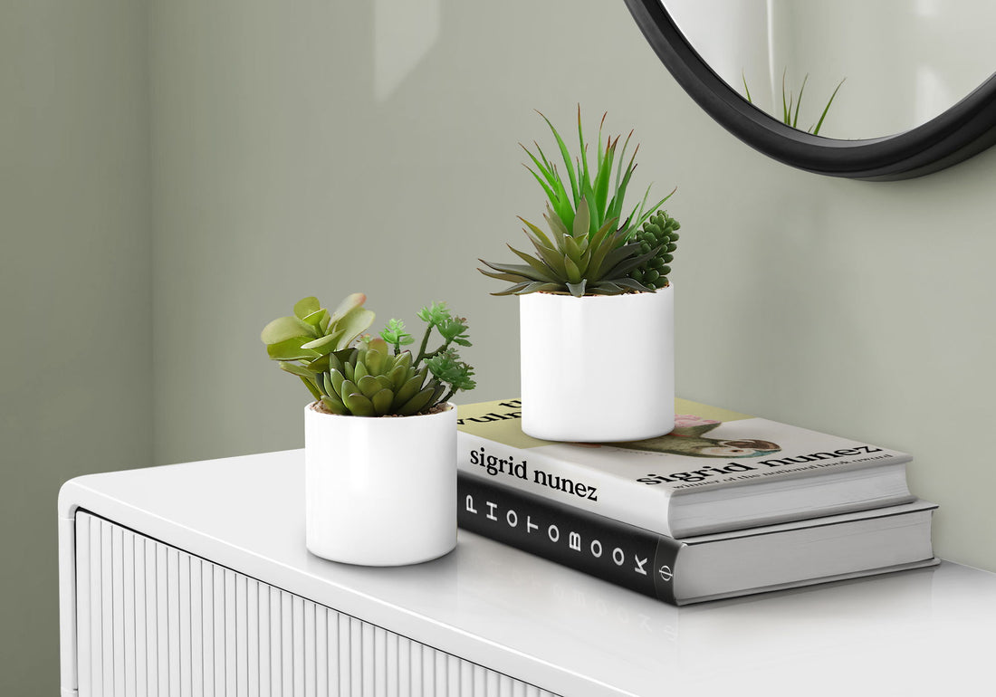 7&quot; Tall, Artificial Plant, Succulent, Indoor, Faux, Fake, Table, Greenery, Potted, Decorative (Set of 2) - Green / White