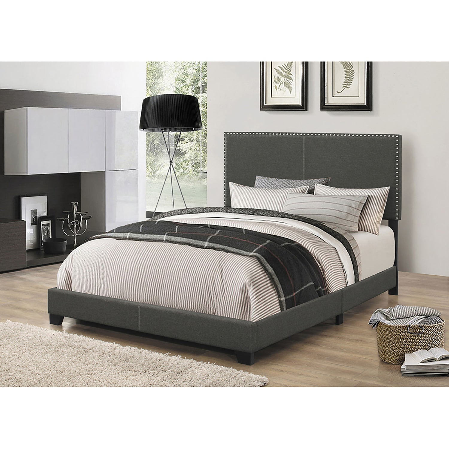 Queen Bed With Nailhead Trim - Charcoal