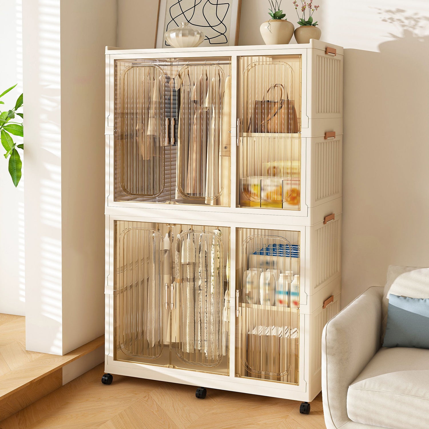 Portable Wardrobe Closet Storage Organizer For Clothes, 6 Magnetic Doors With 6 Cubes &amp; 2 Hanging Rods, 6 Hangers - Cream White