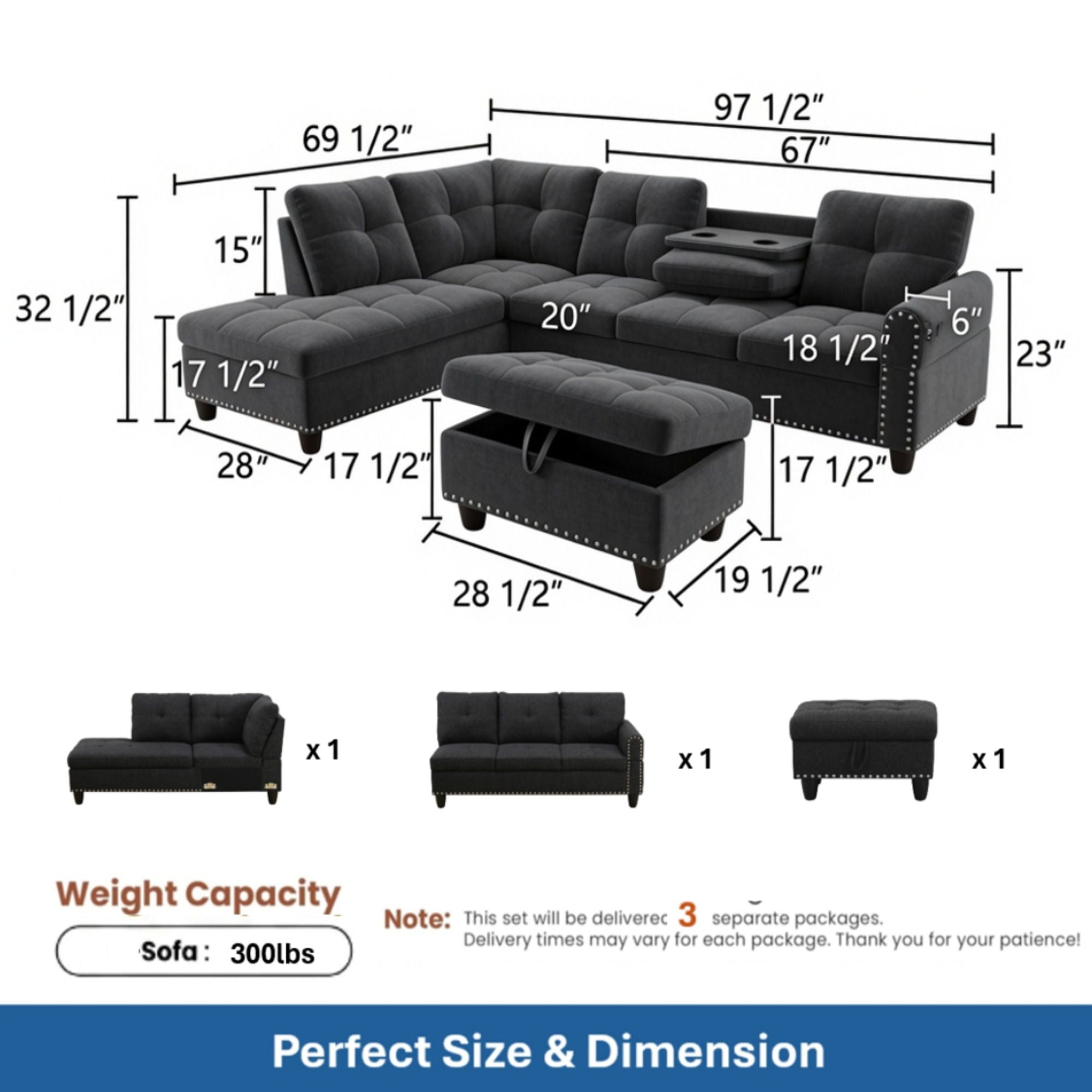 L - Shaped 3 Piece Sectional Sofa With Chaise, Storage Ottoman &amp; Cup Holders