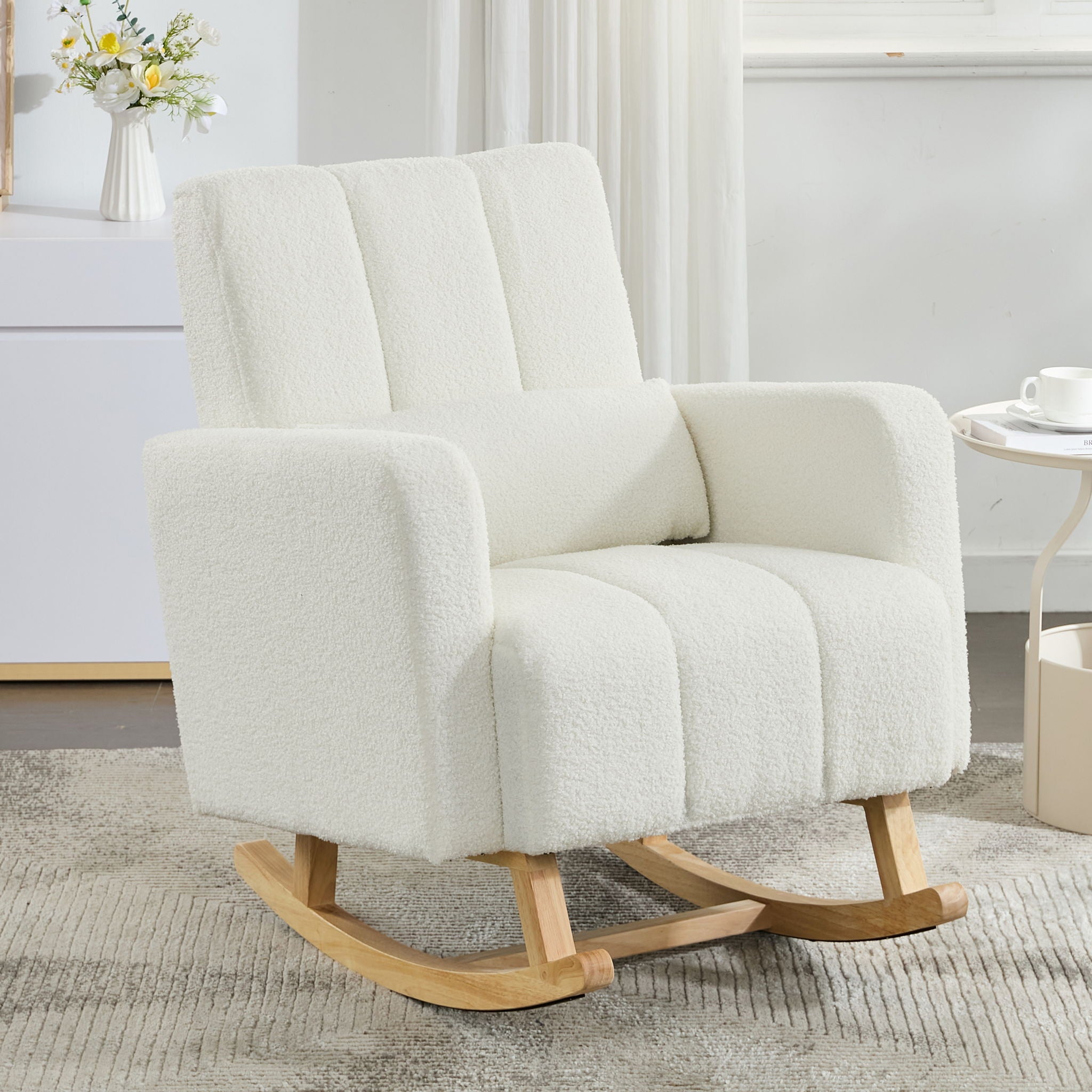 Accent Rocking Chair With Pillow, Spacious &amp; Comfortable Seating For Living Room Or Bedroom - Cream White