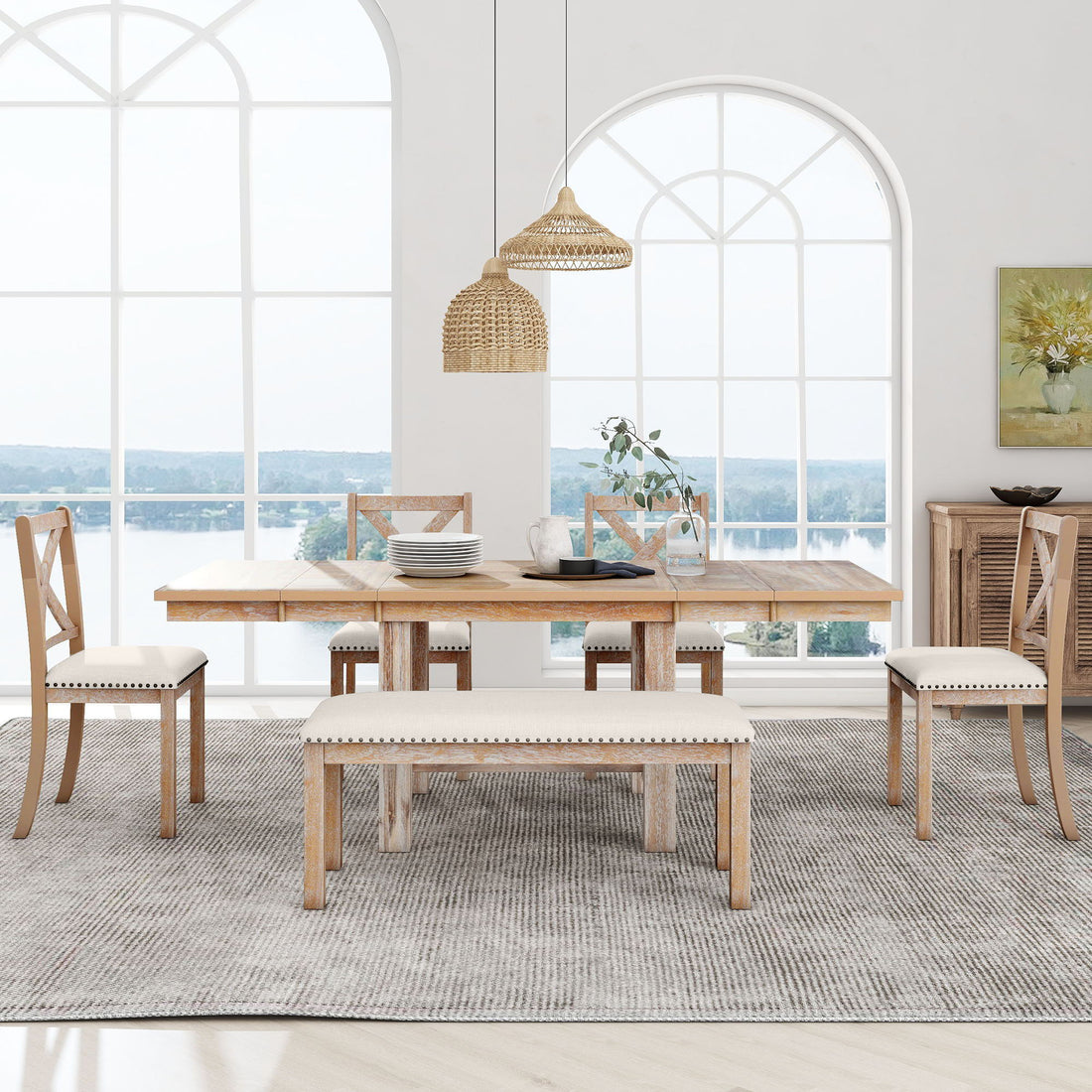 Topmax - 6 Piece Farmhouse Extendable Dining Table With Footrest, 4 Upholstered Dining Chairs And Dining Bench, Two 11&quot; Removable Leaf