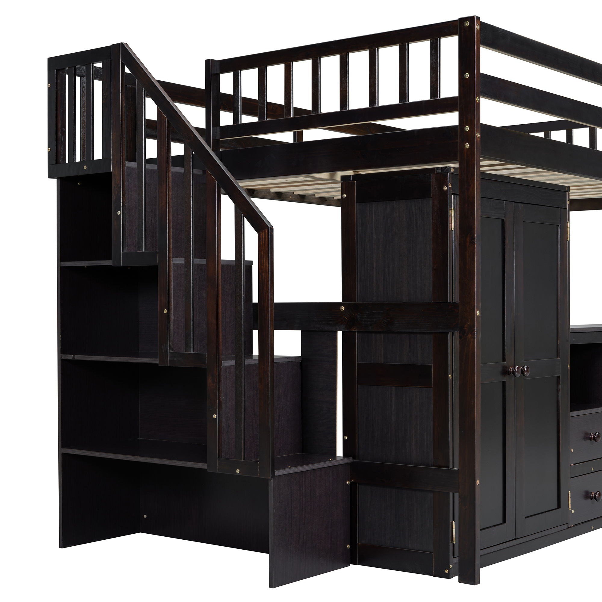 Loft Bed With Stairs, Bookshelf, Drawers, Desk &amp; Wardrobe, Space Saving Multifunctional Furniture