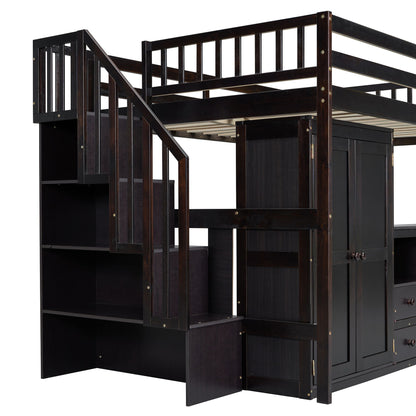 Loft Bed With Stairs, Bookshelf, Drawers, Desk &amp; Wardrobe, Space Saving Multifunctional Furniture