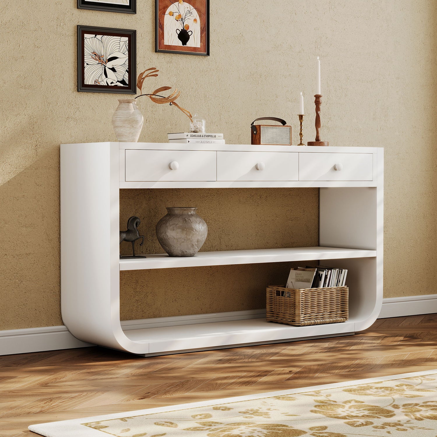 Console Table With 3 Soft Close Drawers &amp; 2 Open Shelves