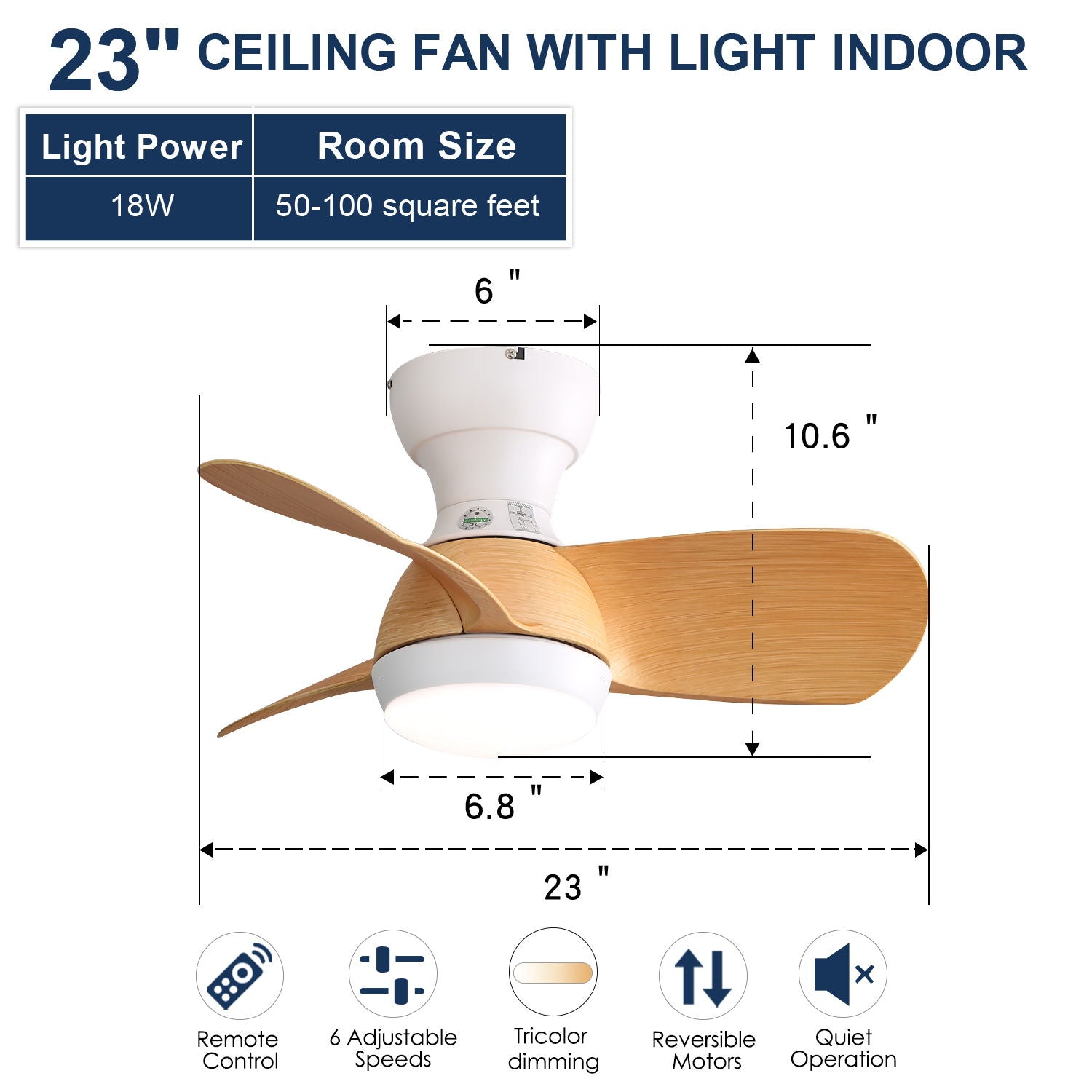 23&quot; Bedroom Ceiling Fan With 3 Color Dimmable 3 ABS Blades Remote Control Dc Motor Black With 18W Led Light