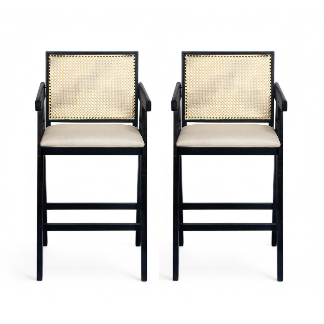 Woven Cane Plastic Backrest Bar Stool Foam Padded Fabric Seat &amp; Durable Rubberwood Frame - Cream Gray