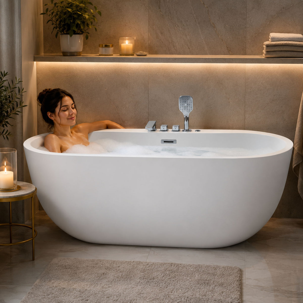 Xavier - Single Person AcrylicCorner Massage Bathtub, Featuring A Gfci Plug, Ul Certified Pump, Upc Certified Drain, And Swivel Faucet - Milk White