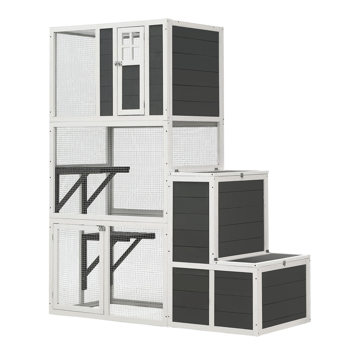 3 Tier Wooden Outdoor &amp; Indoor Cat House Suitable For 1-3 Cats Cat Enclosure Resting Box With 4 Platforms And 2 Doors Cat Shelter Kitty House With A Jump Box For Hiding And Resting Cat Cage - Gray
