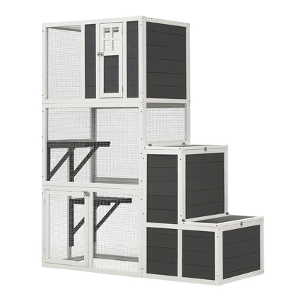 3 Tier Wooden Outdoor &amp; Indoor Cat House Suitable For 1-3 Cats Cat Enclosure Resting Box With 4 Platforms And 2 Doors Cat Shelter Kitty House With A Jump Box For Hiding And Resting Cat Cage - Gray