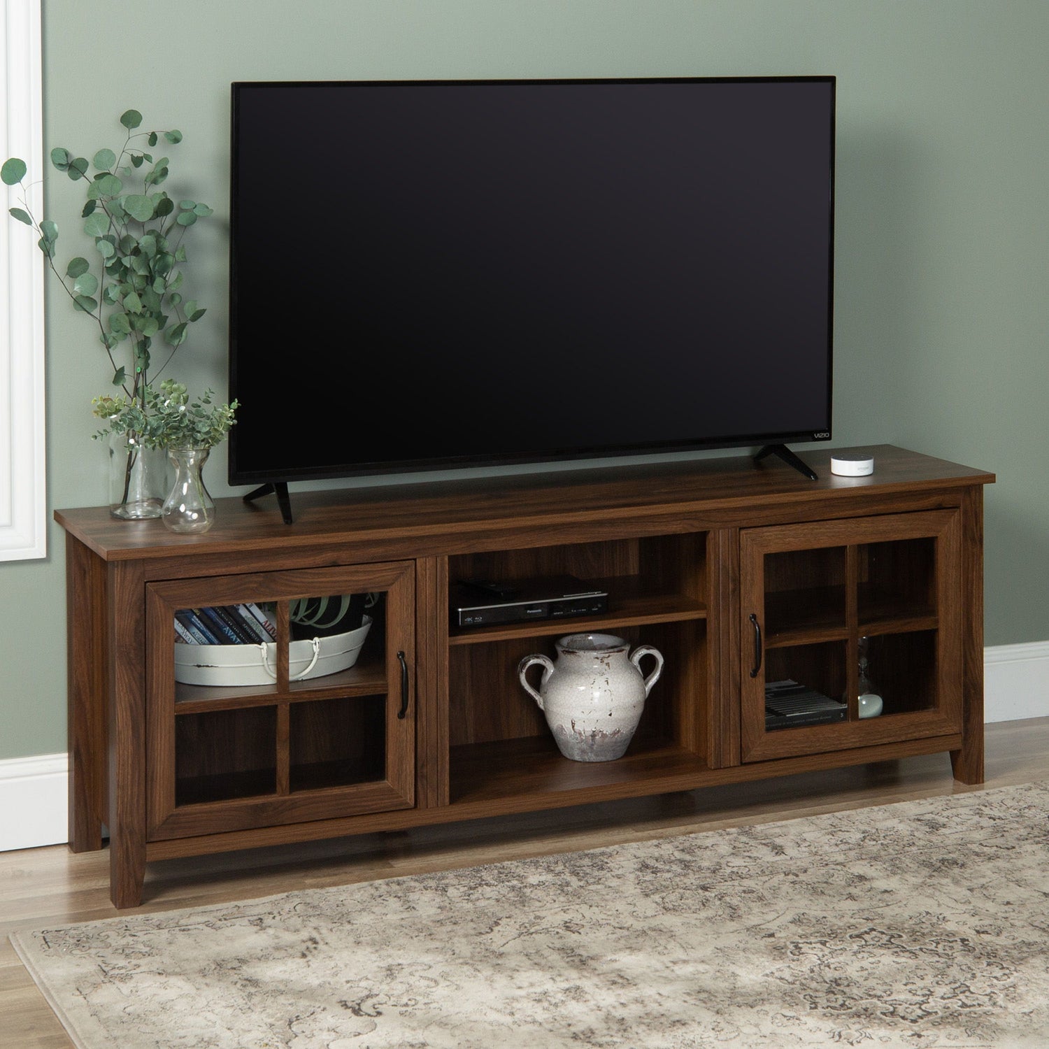 Modern Farmhouse 2 Door Glass Windowpane 70&quot; TV Stand For 80&quot; TVs