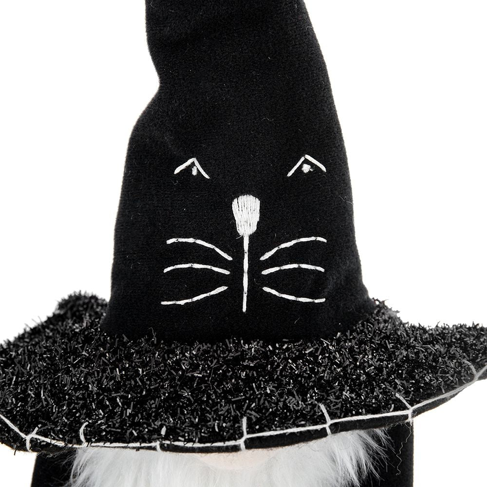 Sitting Gnome With Broomstick &amp; Long Legs, For Halloween Decor - Black White