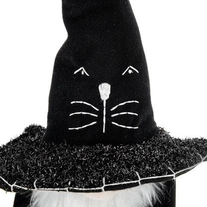 Sitting Gnome With Broomstick &amp; Long Legs, For Halloween Decor - Black White