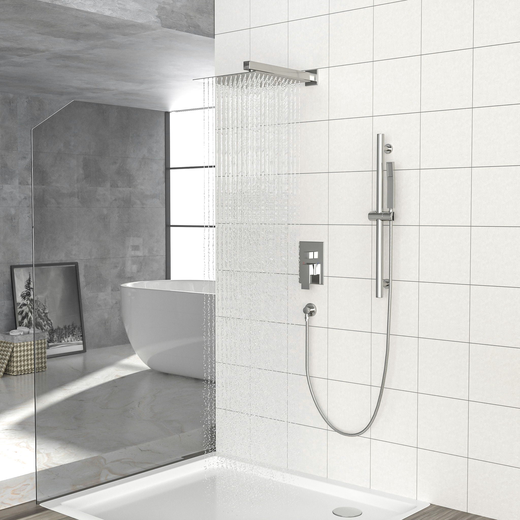 Wall Mounted Shower System With Adjustable Slide Bar And Rough In Valve, 12&quot; Square Design - Brushed Nickel
